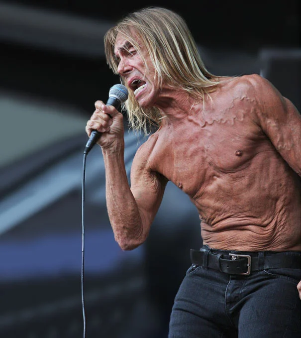 … to a bigger rock star. Iggy Pop’s torso is human already, but feeling the strain of the years, has a face of its own …