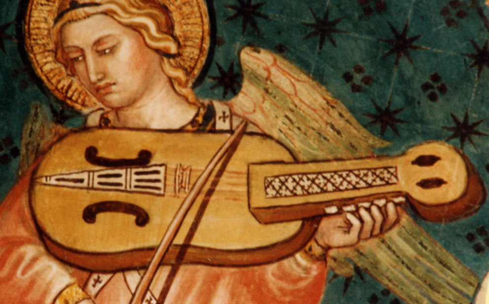 An angel with viola a chiavi (viola with keys) at Cappellina di Palazzo Pubblico in Siena, Italy by Taddeo di Bartolo, 1408