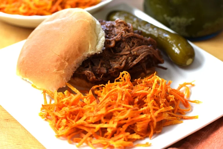 Barbecue Beef Brisket Sandwich with Sweet Potato Strings and Fresh-Pack Dill Pickle