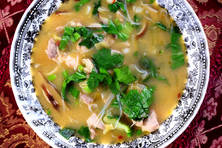 Thai Spicy Chicken Soup with Mushrooms, Bok Choy, and Rice Noodles