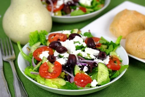 Brother's Keeper Salad with Greek Feta Dressing on the side, no croutons