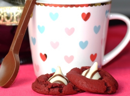Raspberry Truffle Coffee with Red Velvet Valentine's Cookies & a chocolate spoon!