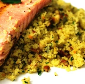 Orange-Scented Couscous with Herbs & Almonds provide a tasty bed for Mustard, Maple & Orange Marinated Salmon!