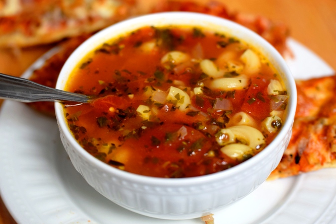 Herbed Tomato, Garlic & Macaroni Soup with Cheesy Flatbread