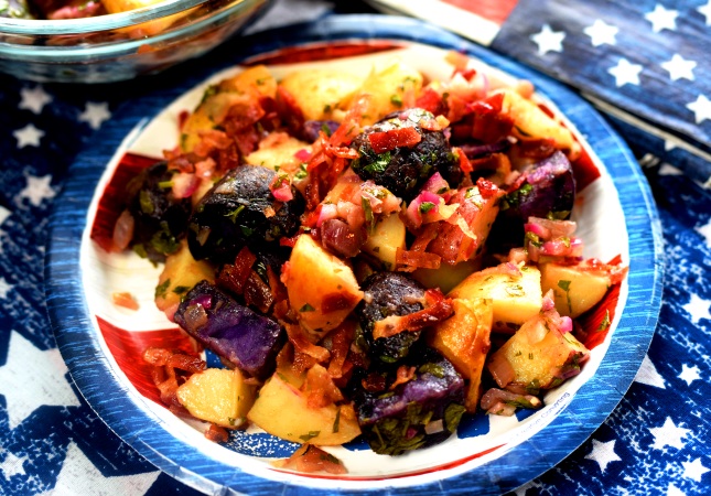 Old Glory Potato Salad is red, white, and blue and a bright note on the menu!