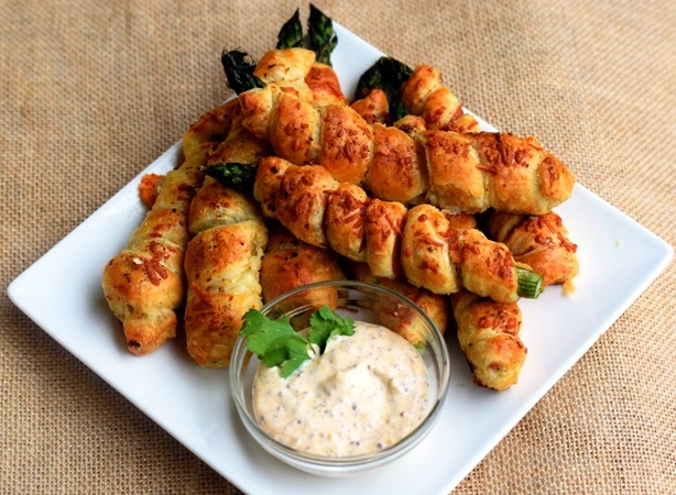 Asparagus & Proscuitto and Asparagus & Swiss Twists with Zingy Mustard Sauce