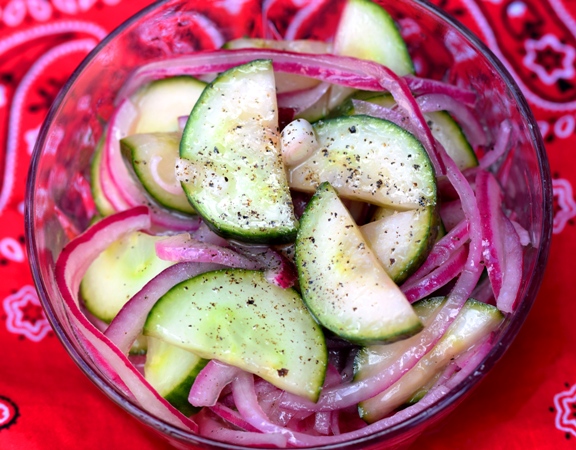 A little bowl of Cucumbers & Onions is frequently found on the farm table!