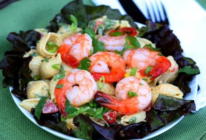 Shrimp & Pasta Salad dressed with Creamy Avocado Dressing