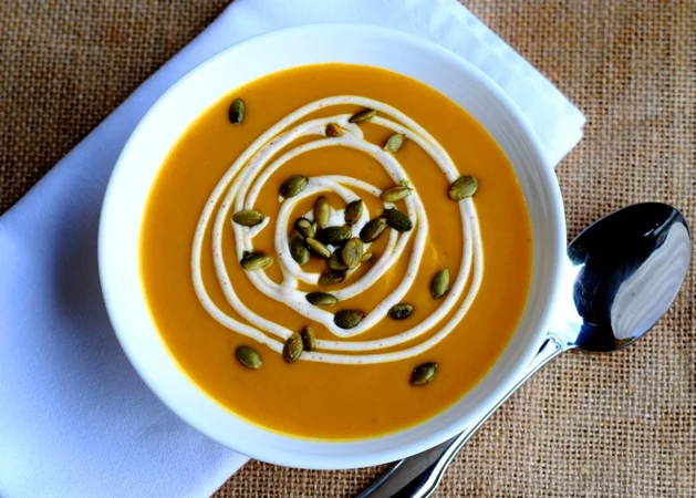 Chilled (or Hot) Sweet Potato Soup with Spicy Crema & Pepitas
