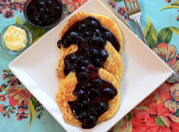 Lemon Ricotta Pancakes with Maple-Blueberry Sauce