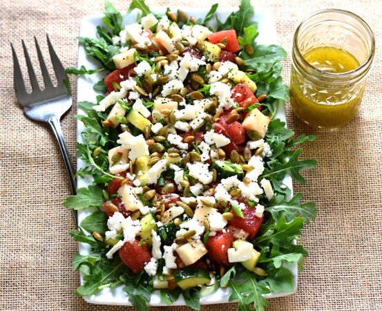 Watermelon, Jicama, & Cucumber Salad on Arugula with Honey-Lime Dressing