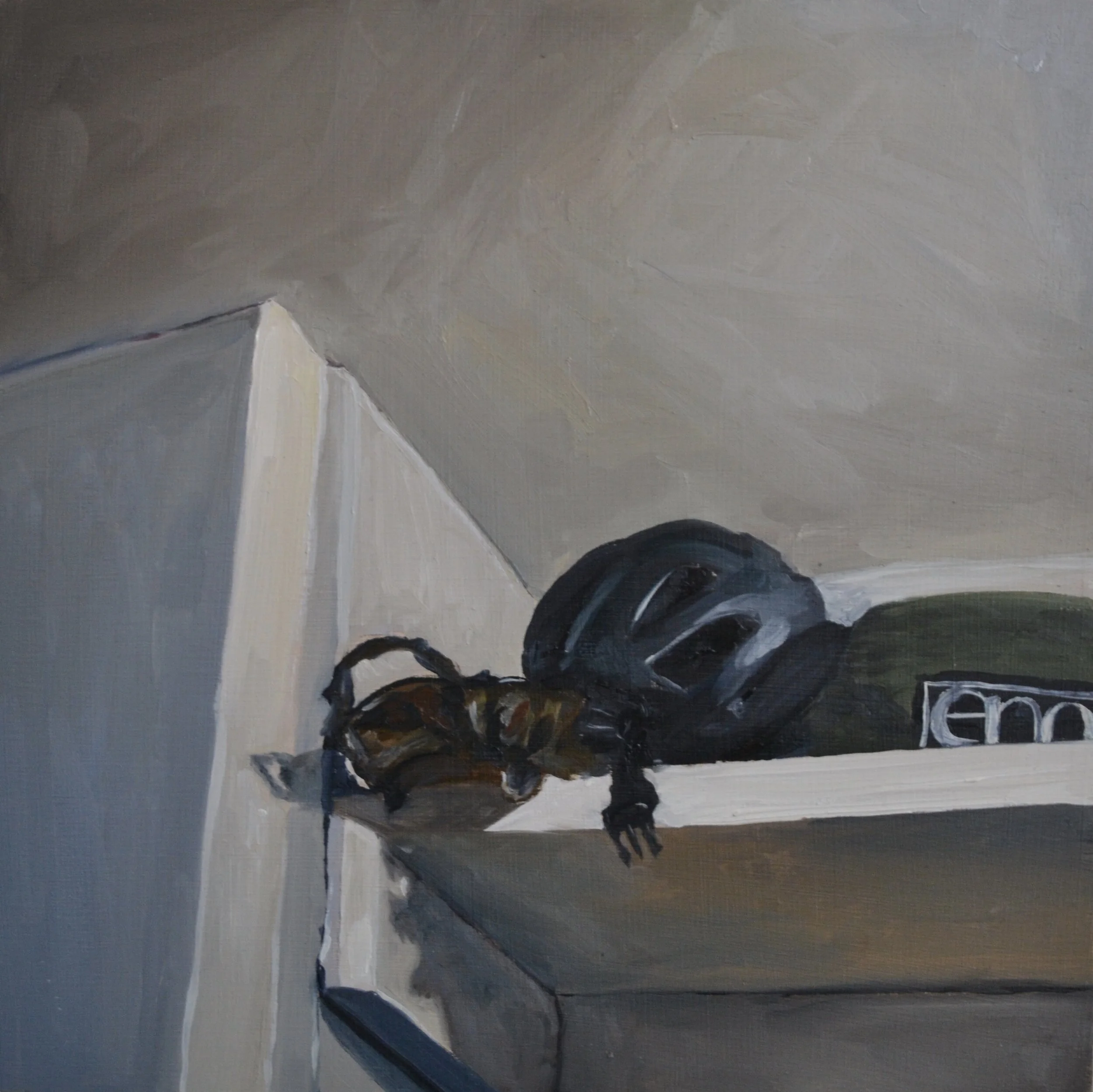 Helmet, oil on panel, 10" x 10" 2017