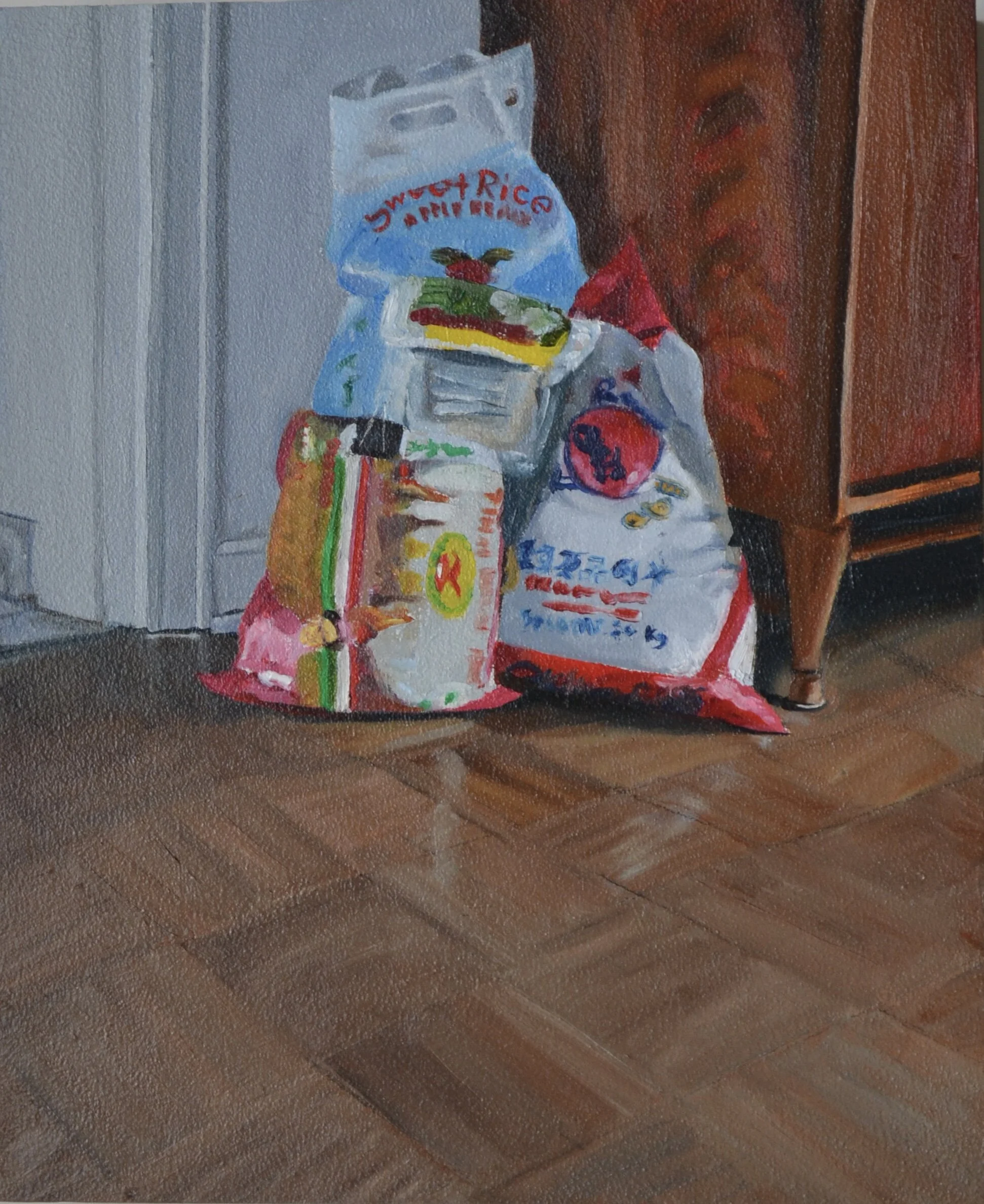 Rice bags, oil on linen, 11" x 9" 2017