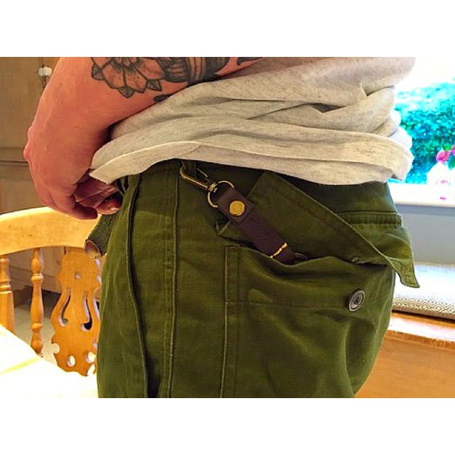 Great to see this Cup + Cloth chestnut key fob fit for purpose, here worn by this lovely customer who sent us this shot! Lads... keep your keys safe, hook them onto your belt loops and slip into y' pocket. Job done!