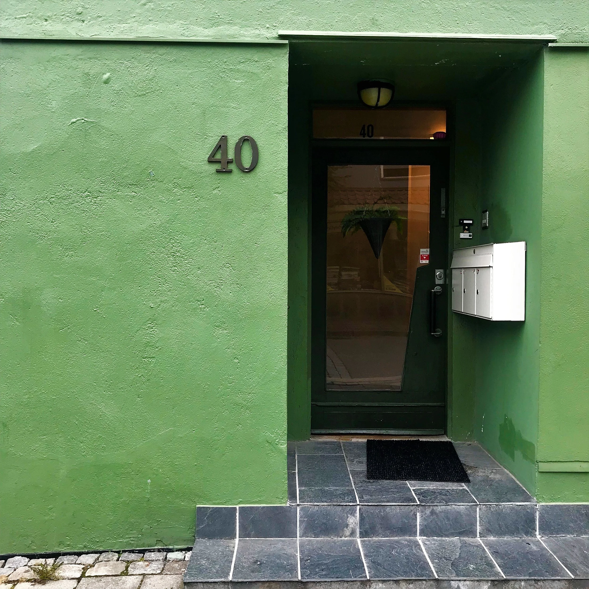 Gorgeous green painted apartment entrance.