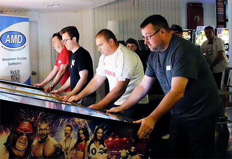 Brett in the foreground, here competing at one of many events held at Pinball HQ in Coogee.