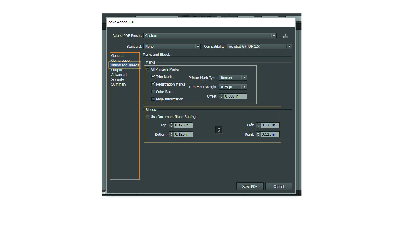 When saving your file in Adobe, adjust your Marks and Bleeds settings to show trim marks (crop marks) and adjust the bleed to be 0.125" on all sides to allow for some wiggle room. Save your file and relax with the confidence that your final printed product will have a perfect finish.