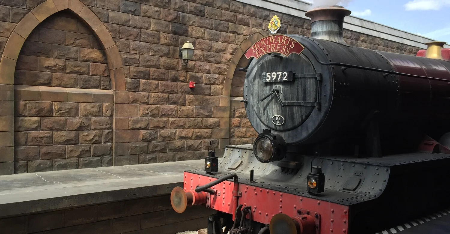 The Hogwarts Express pulling into Hogsmeade Station.