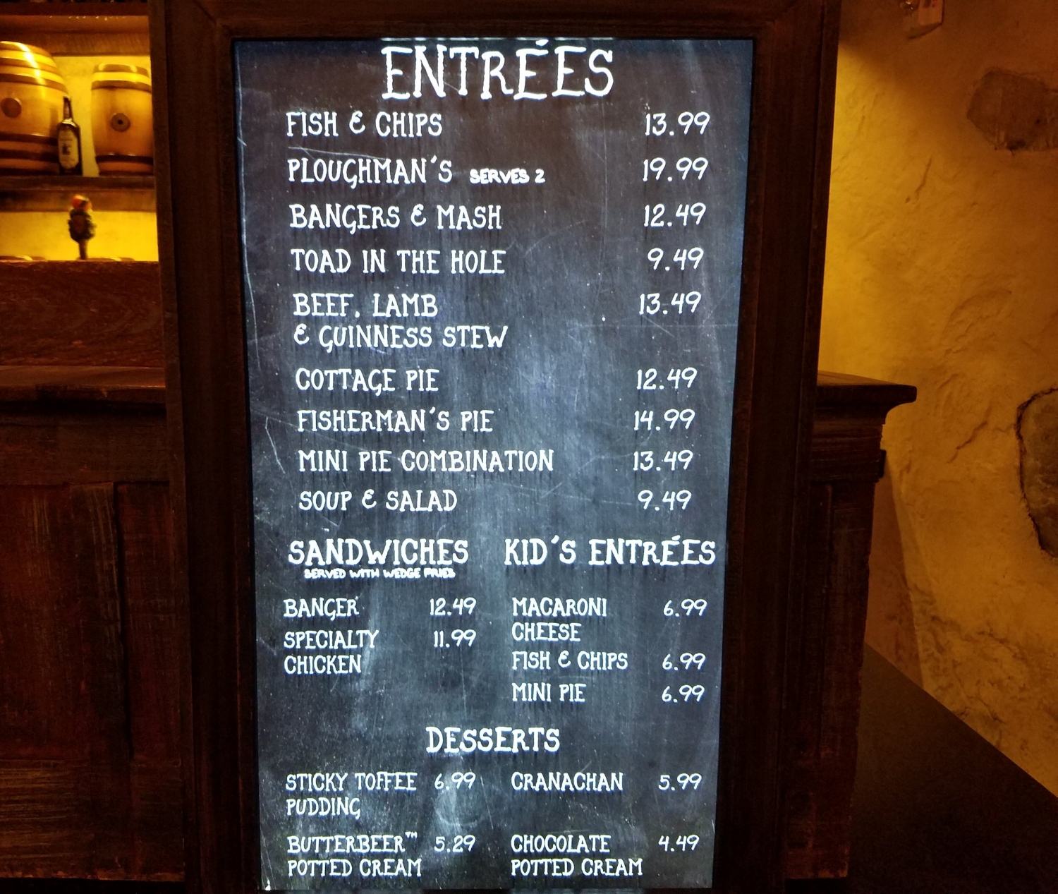 Entree Menu at the Leaky Cauldron