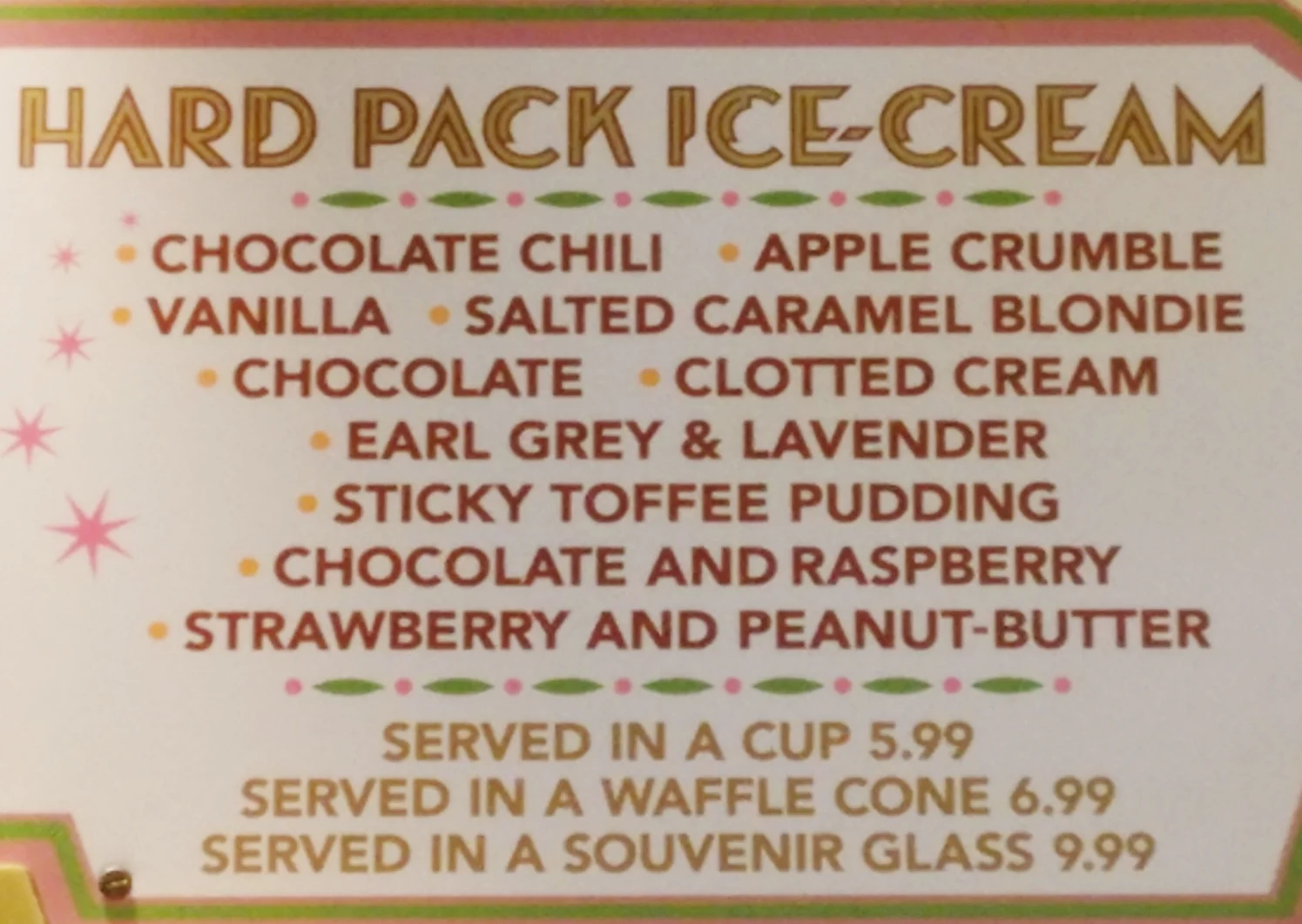 Florean Fortescue's hard pack ice cream menu