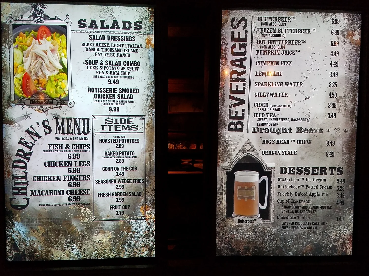 Three Broomsticks children's menu, sides menu, and beverage menu with prices.