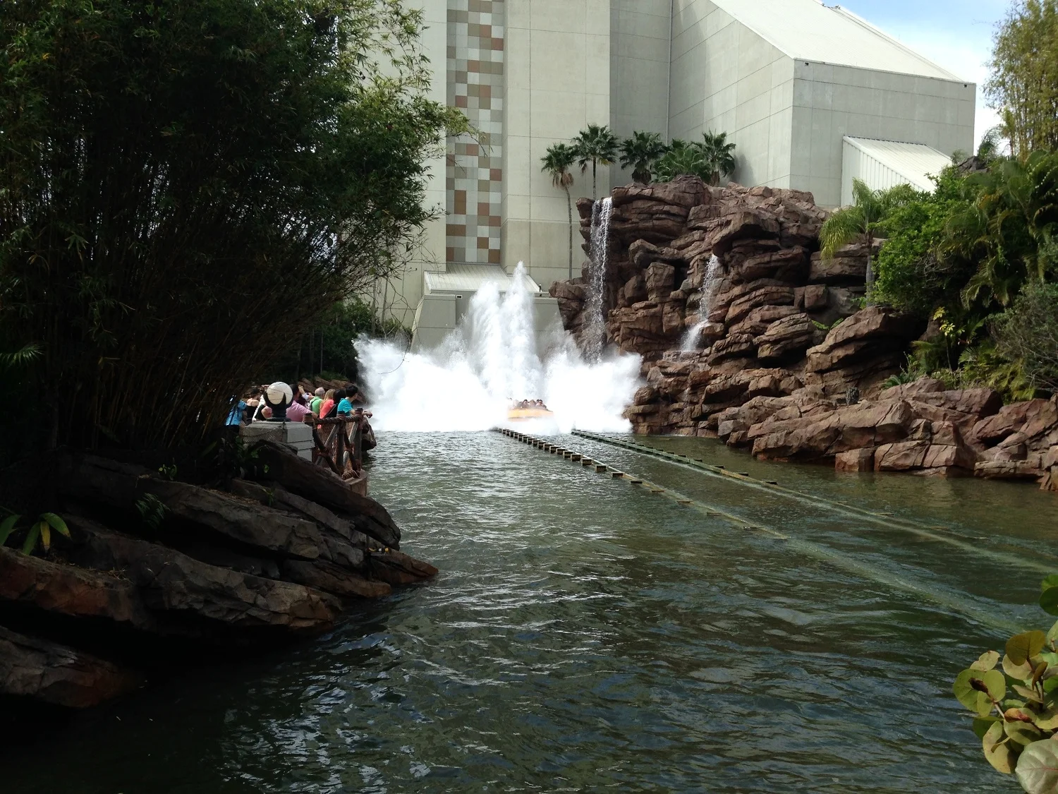 Some of the outdoor seating at Thunder Falls Terrace has a view of the Jurassic Park River Adventure ride.