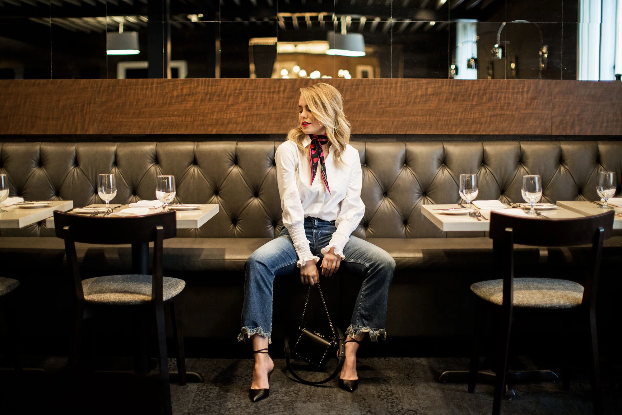 Alexander McQueen scarf and handbag; Altuzzara blouse; Mother Denim jeans; Aquazurra heels