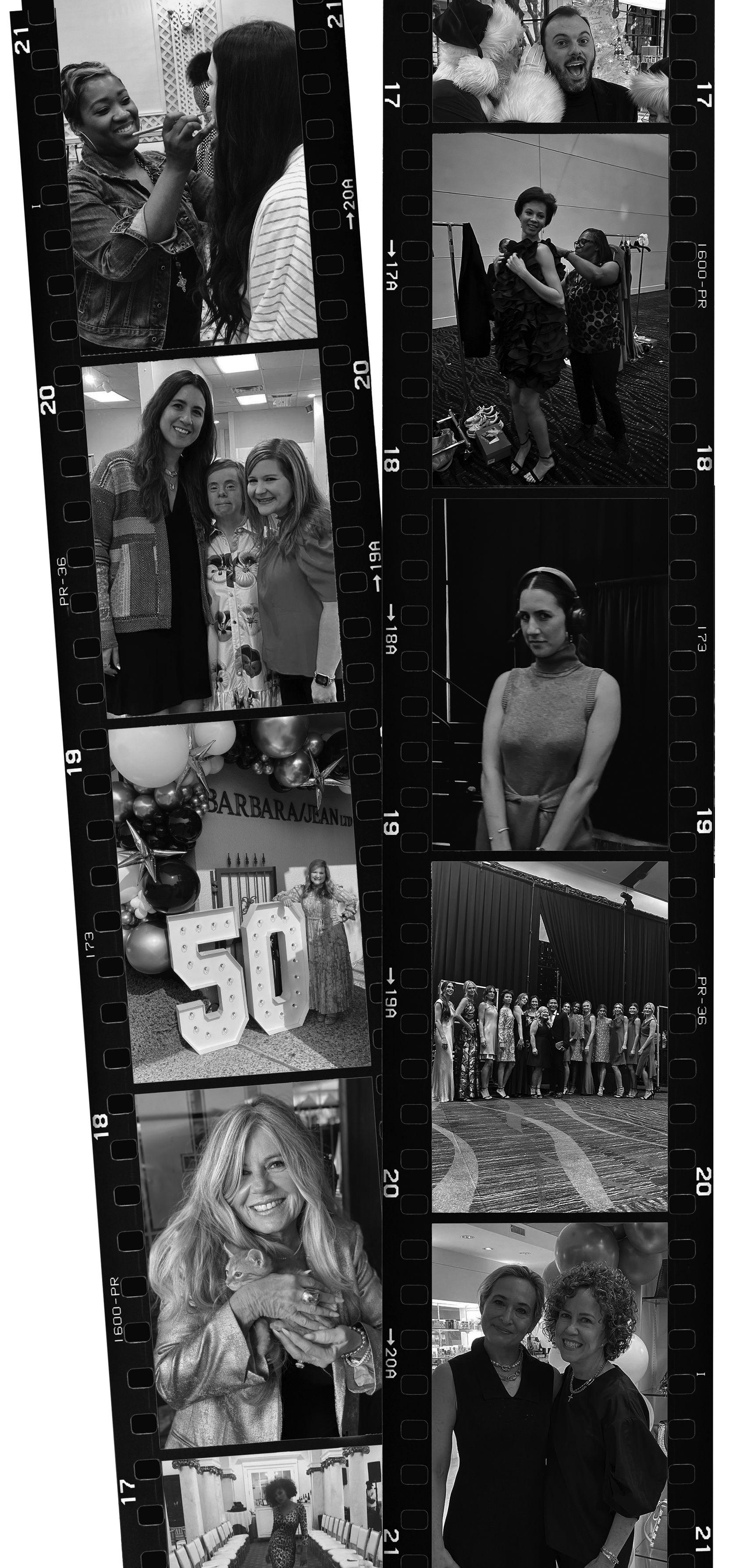 Collage of black-and-white photos from a celebration, including people posing for pictures, performing, and celebrating, with balloons and decorations, and a woman holding a kitten.