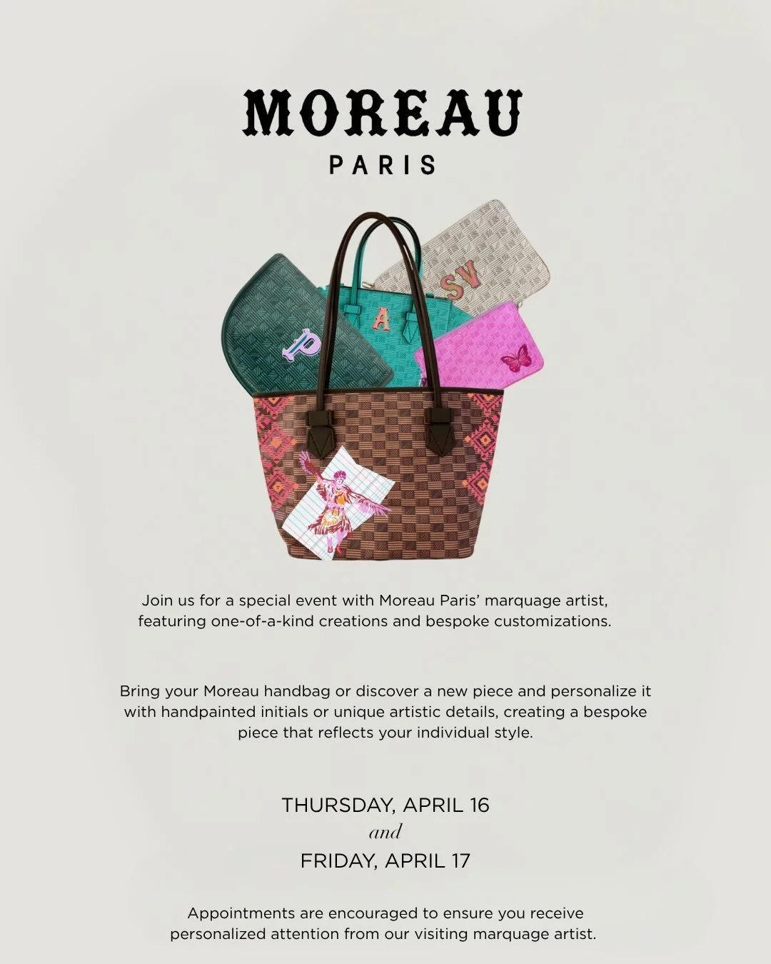 This Week at Barbara/Jean ✨ Plan for a big week ahead! 

Join us for two special in-store events you won&rsquo;t want to miss. 

👜Experience bespoke customization with Moreau Paris. Bring your favorite piece or find something new and make it uniquel