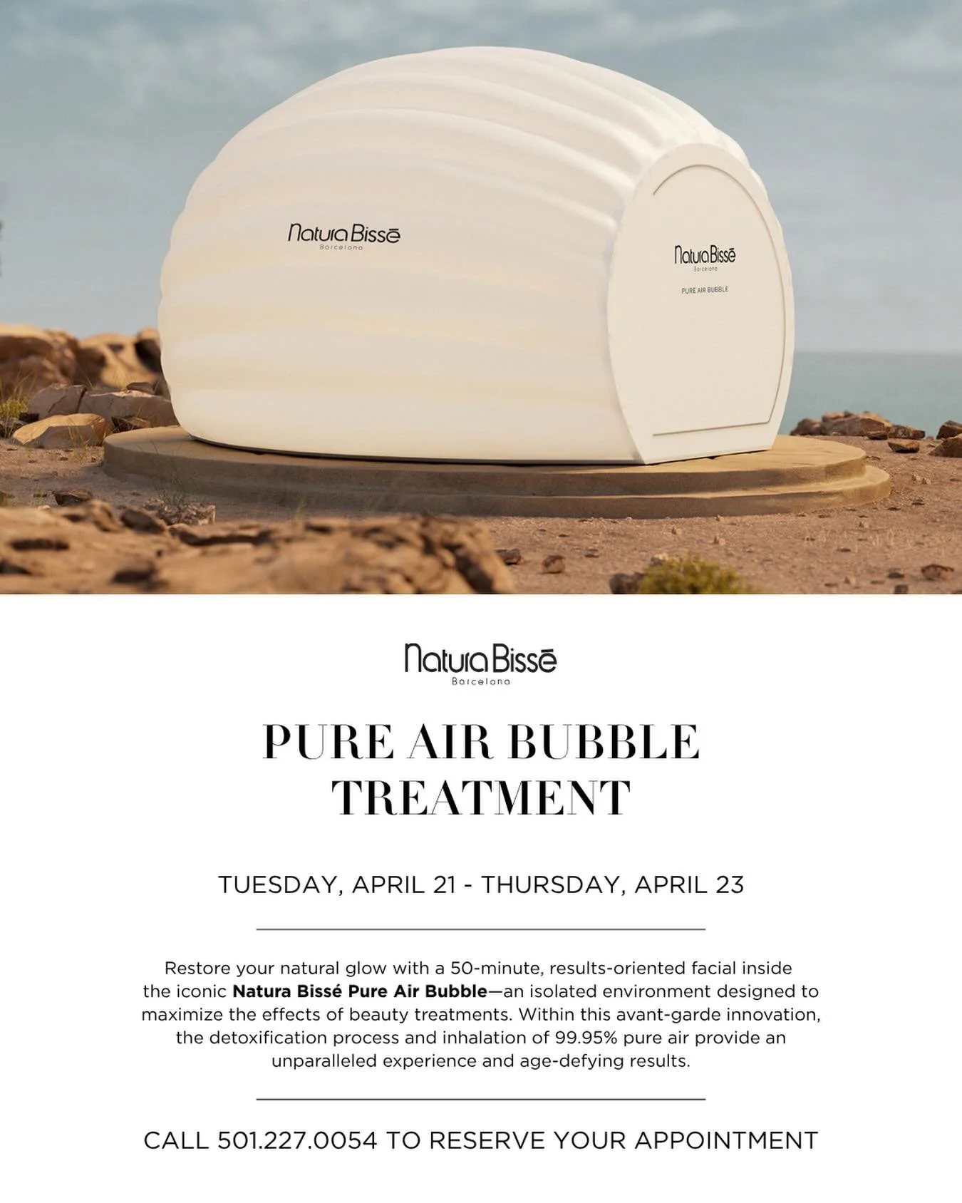 This Week at Barbara/Jean ✨

Join us for the Natura Biss&eacute; Pure Air Bubble experience this Tuesday, April 21 through Thursday, April 23.

We have a few appointments left. Call 501-227-0054 for details or to reserve your spot!