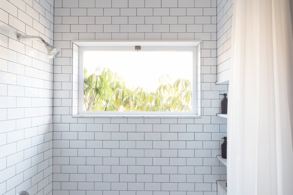 Custom Wood Window In The Shower, Tiles Around Bathroom Window