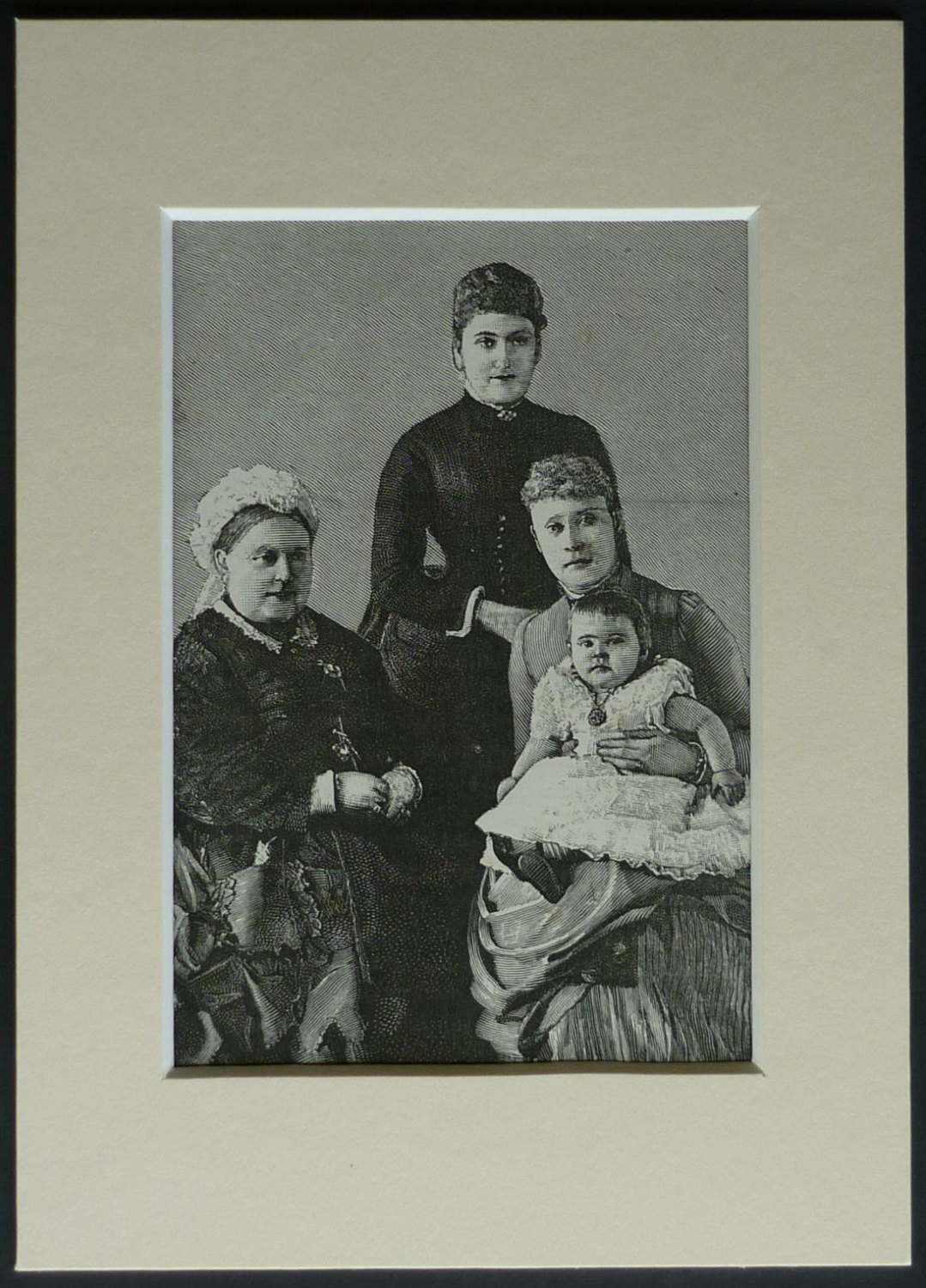 1880s Antique British Historical Print of Four Generations of Royalty - 19th century Queen Victoria portrait, Victorian wood engraving art