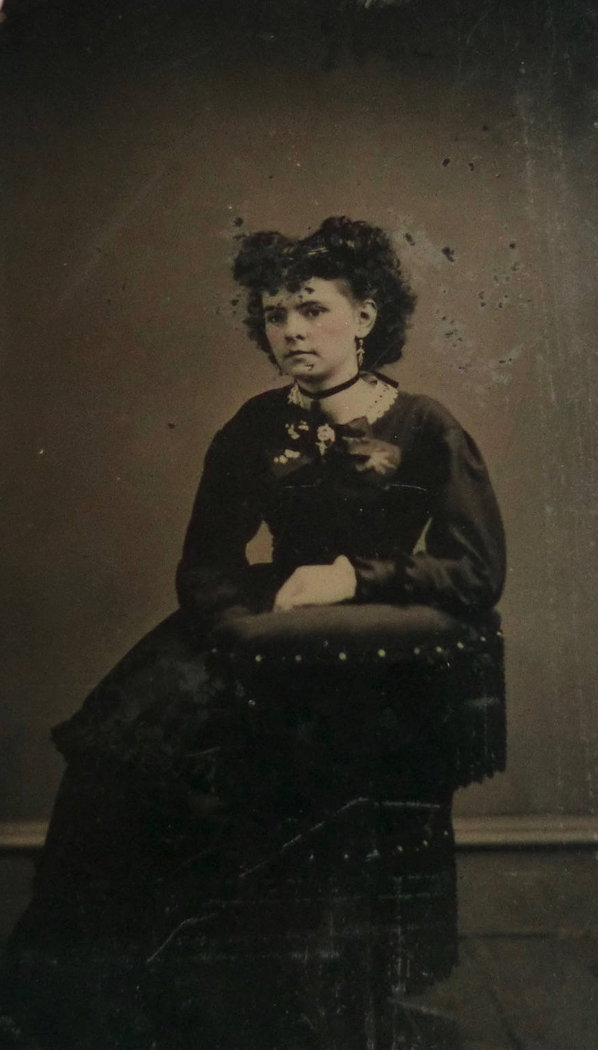 Tintype Photo Pretty Young Woman Great Hair and Victorian Accessories