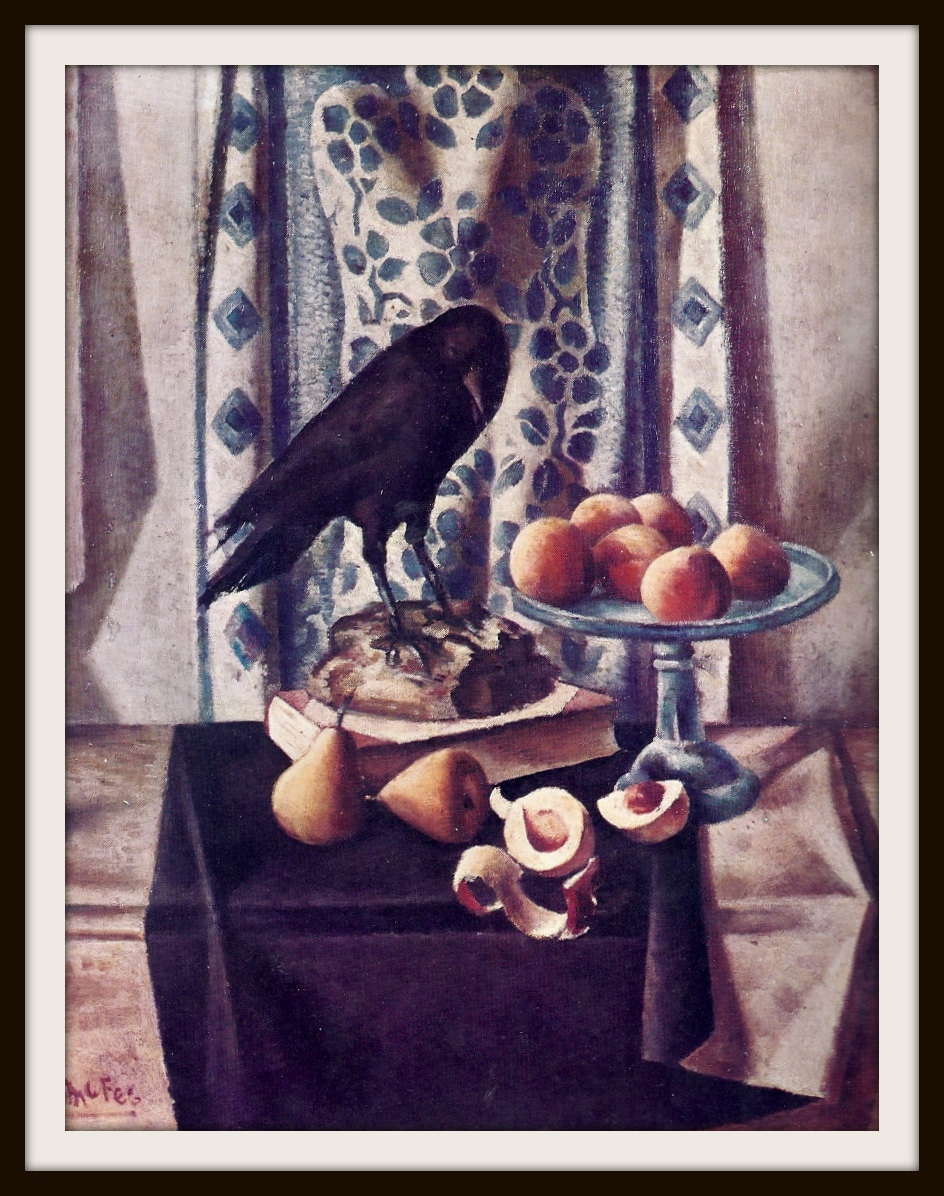 Crow with Peaches by McFee Book Print (1962), Frameable Wall Art, Contemporary Still Life, Black Bird, Orange Fruit, Blue White, Dramatic