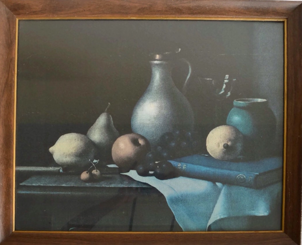 Vintage Still Life Lithograph Painting Table Fruit and Pitcher Framed Dark Moody Color Palette Antique Litho Wood Framed Kitchen Art Food