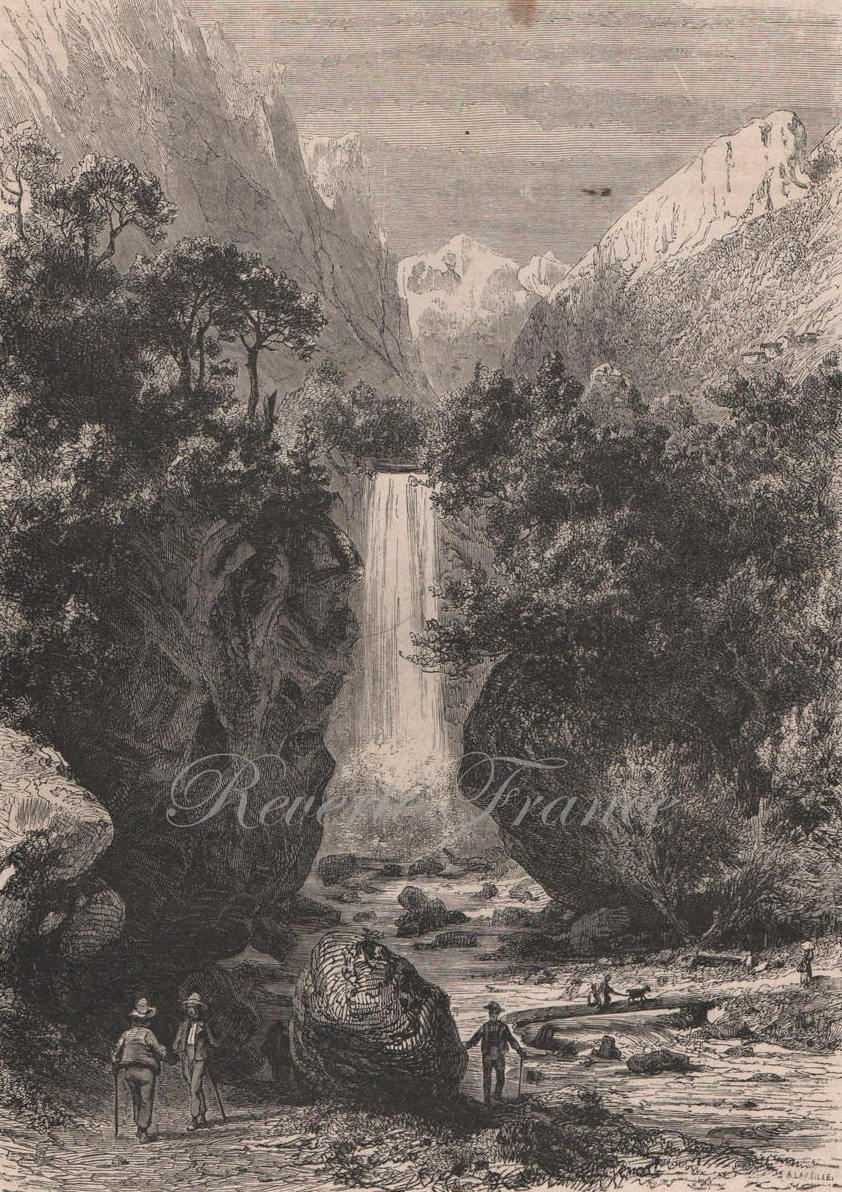 Antique French Engraving from 1860 The Dauphine France Waterfall