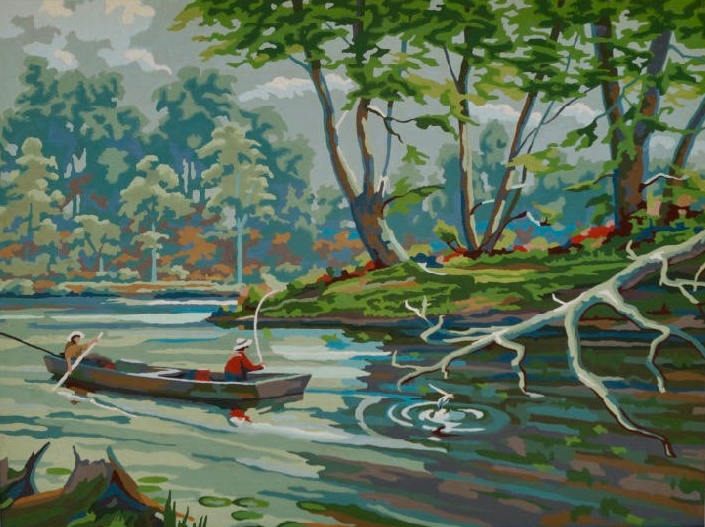 Mid Century Paint by Number Outdoor Woods with Fishermen