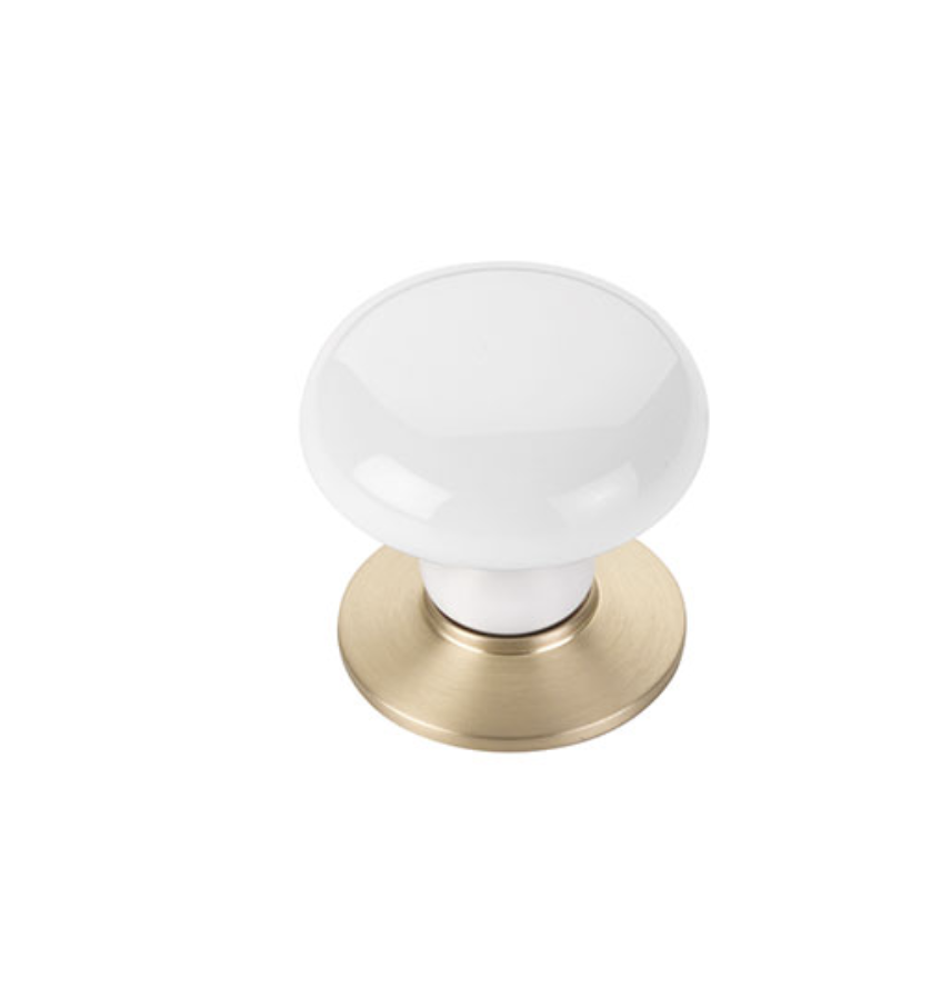 Emtek Ice White 1-3/8 Inch Mushroom Cabinet Knob Porcelain and unlacqured brass