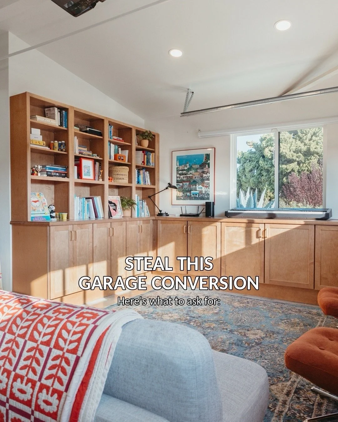The move that made everything else in this garage conversion work: adding walls. One 7.5 foot wall gave them 15 feet of cabinetry on either side. Two new walls carved out a laundry room and office in the corner without touching the footprint. It&rsqu