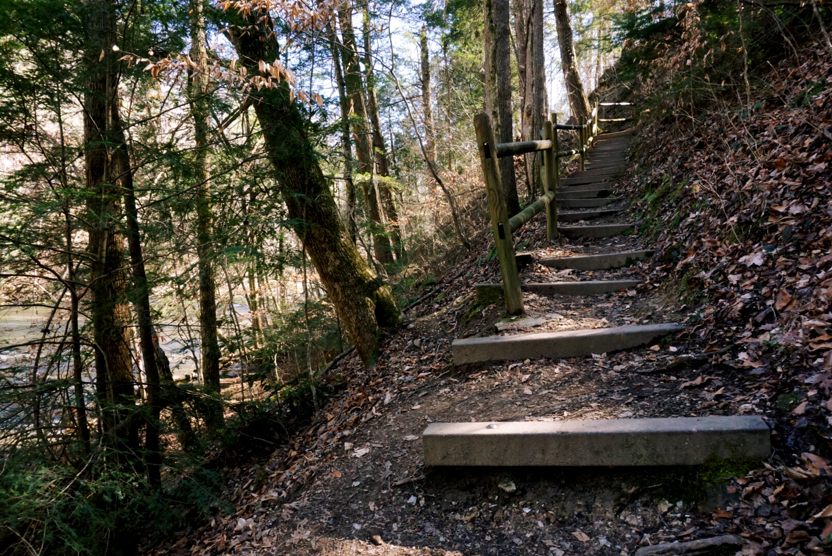 Stairs down the trail from the overlook to the top of the falls.