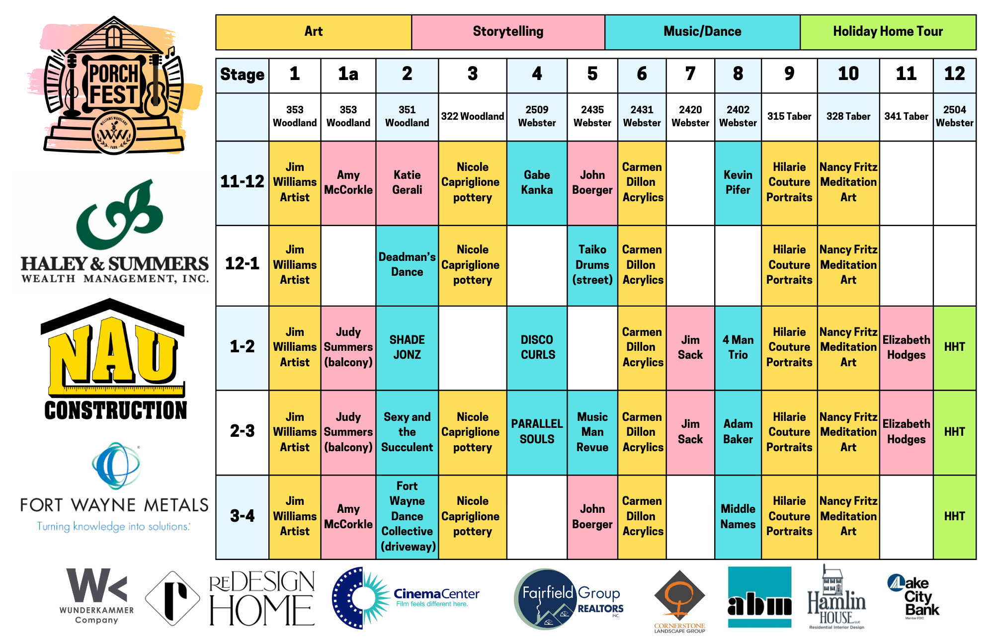 Porchfest Schedule Grid — Williams Woodland Park