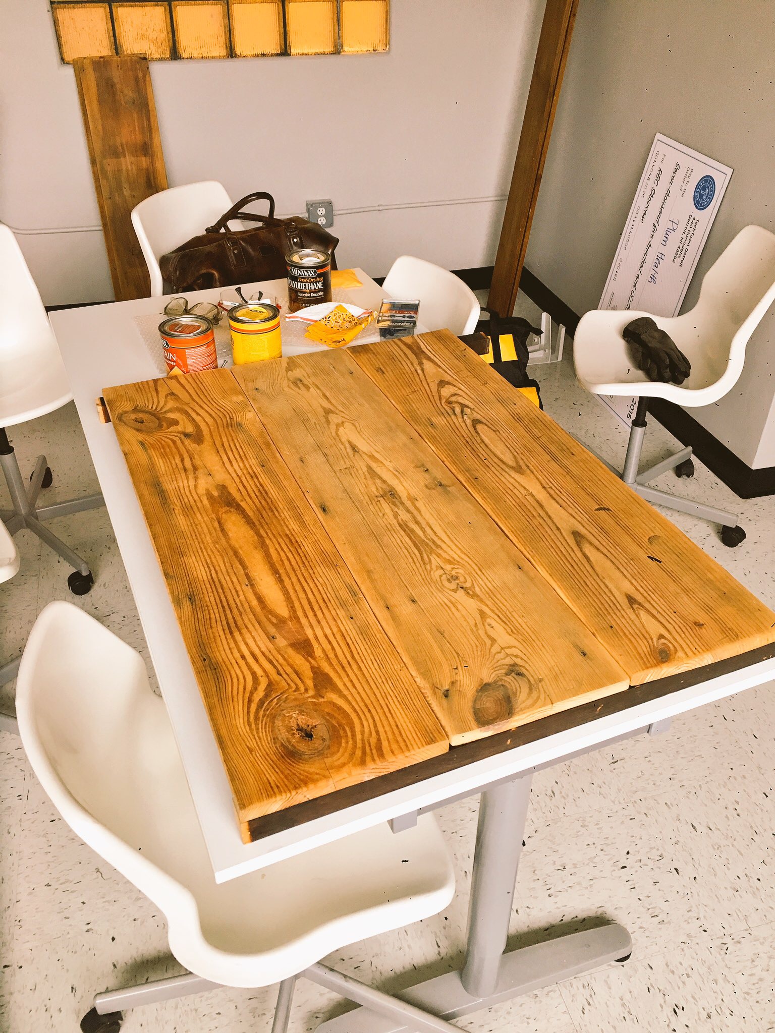 The boards sanded and then aligned into their position as a shelf. They need to be stained at this point! 