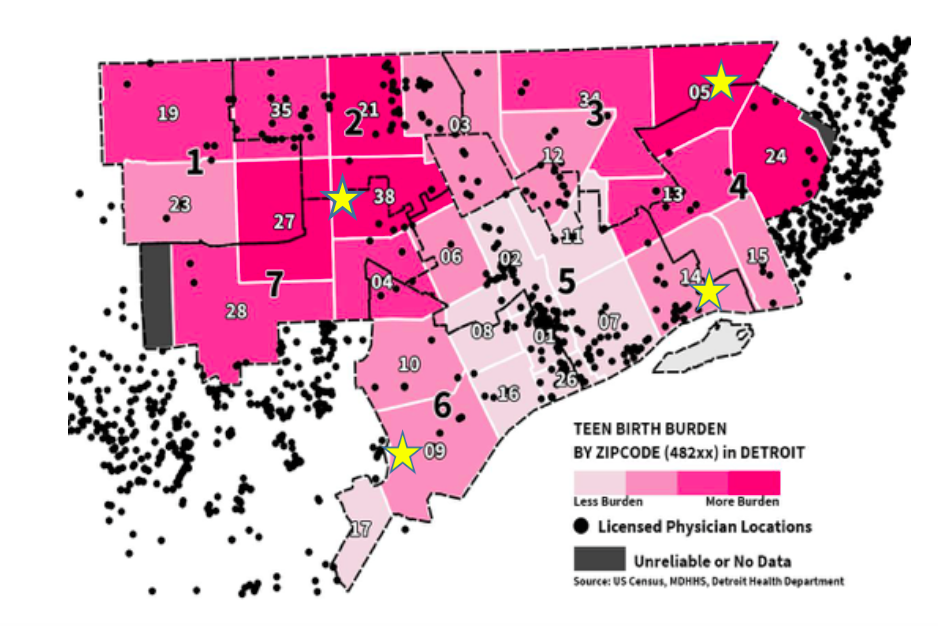 The black dots on this map indicate the locations of licensed physicians. While there are a good number of doctor's offices in Wayne County, the distribution of these offices is skewed with a higher concentration of offices in Dearborn and Grosse Pointe than in the City of Detroit itself. This image was a part of a larger presentation given by former Detroit Health Department Director and now Candidate for Governor of Michigan, Abdul El-Sayed. In case you were wondering, the yellow stars indicate pop-up clinics planned by the City of Detroit Health Department to distribute contraceptives. 