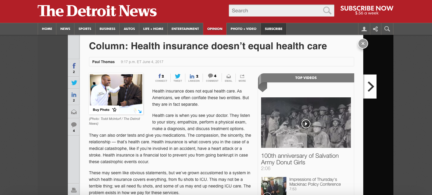 A screenshot from our Opinion in the Detroit News on June 5th, 2017. 