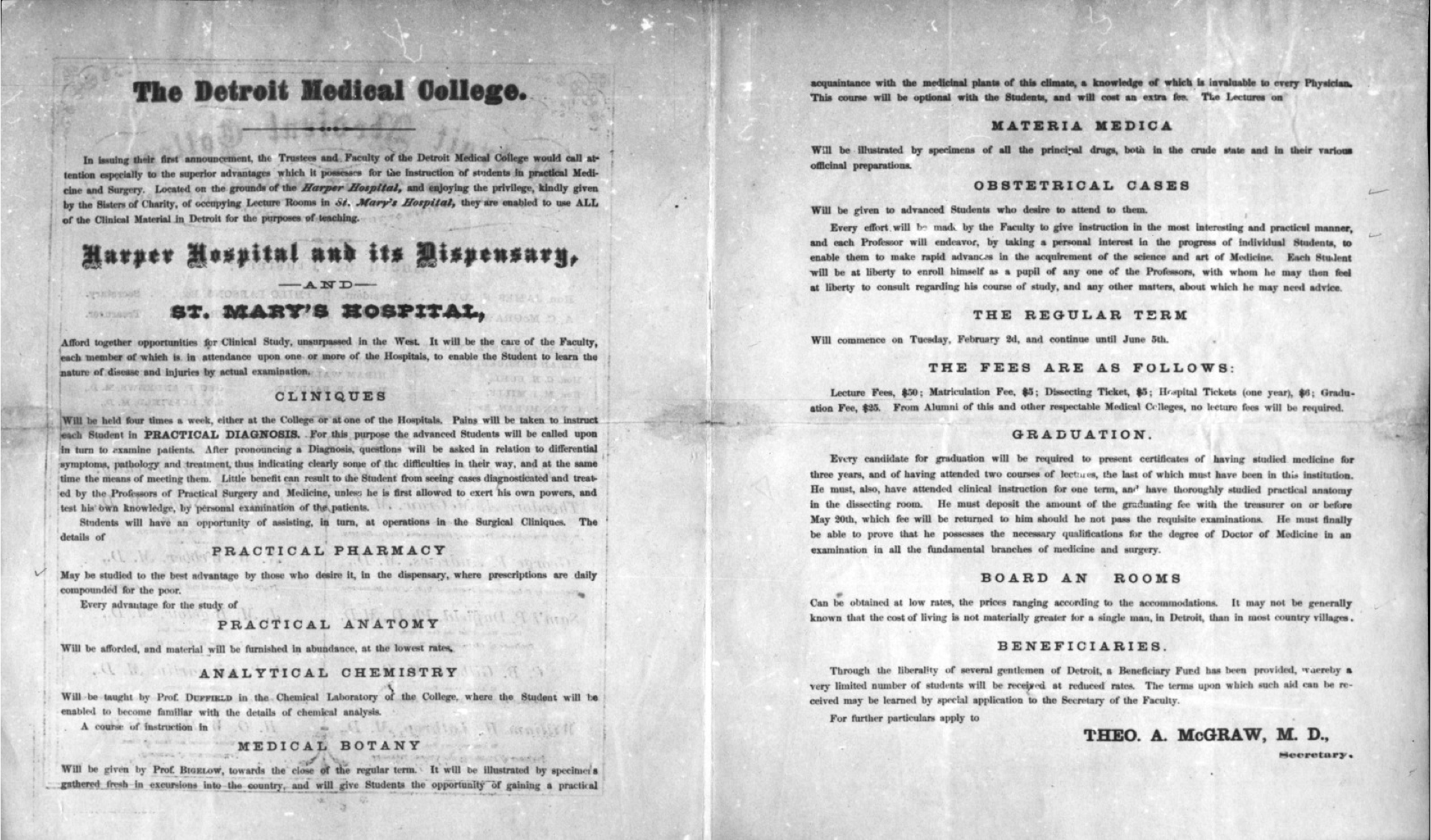 The Detroit College of Medicine charter from 1868, signed by founding physician Thodore A. McGraw, MD. The charter puts forth the founding principles of the institution. 