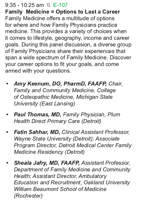 I had the pleasure of speaking to an audience of over 100 + Medical Students and Medical Residents at the Michigan Future of Family Medicine Conference in October 2018. I shared the stage with Dr. Sheala Jafry, Dr. Fatin Sahhar, and Dr. Amy Keenum. The event was held at Michigan State University and hosted by the Michigan Academy of Family Physicians (MAFP).