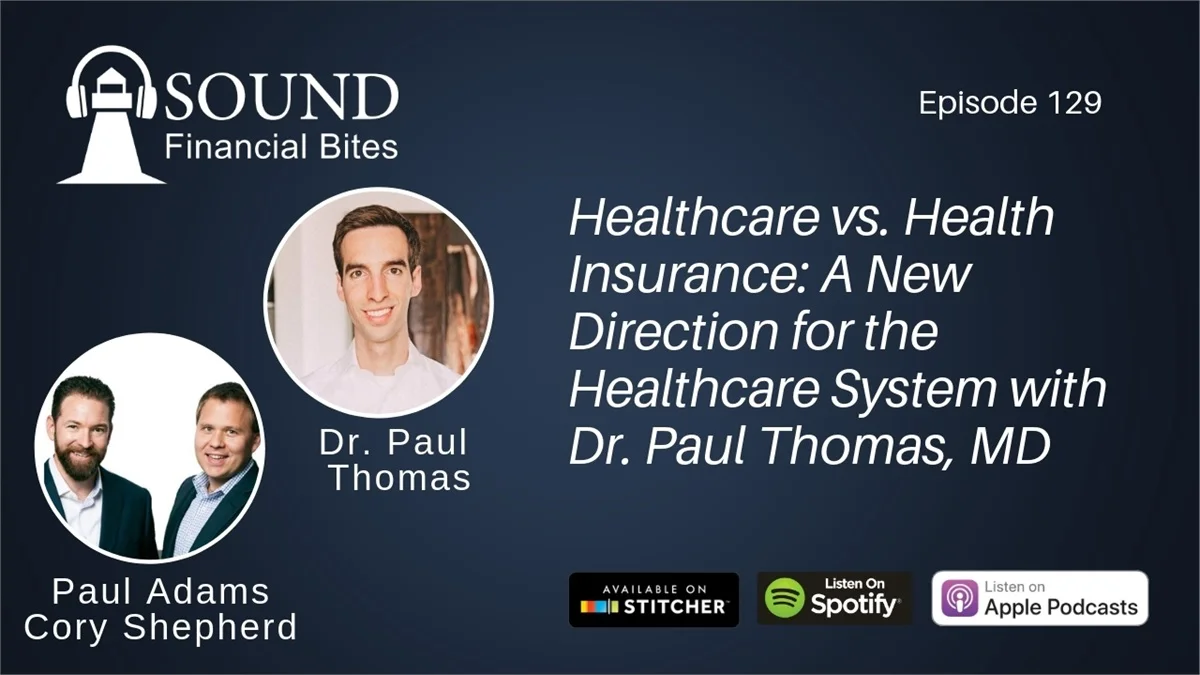 Here’s the promo image from Sound Financial Bites for the podcast on Healthcare vs Health Insurance featuring Dr. Paul Thomas of Plum Health DPC.