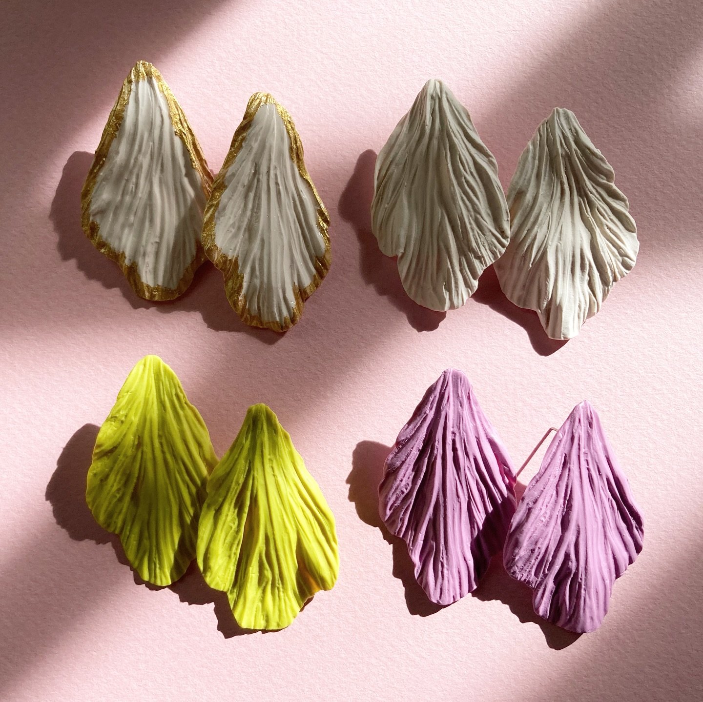 Petal studs in more colors: sand dollar, sand dollar edged in gold, pistachio green, and dusty mauve: not available in the shop!