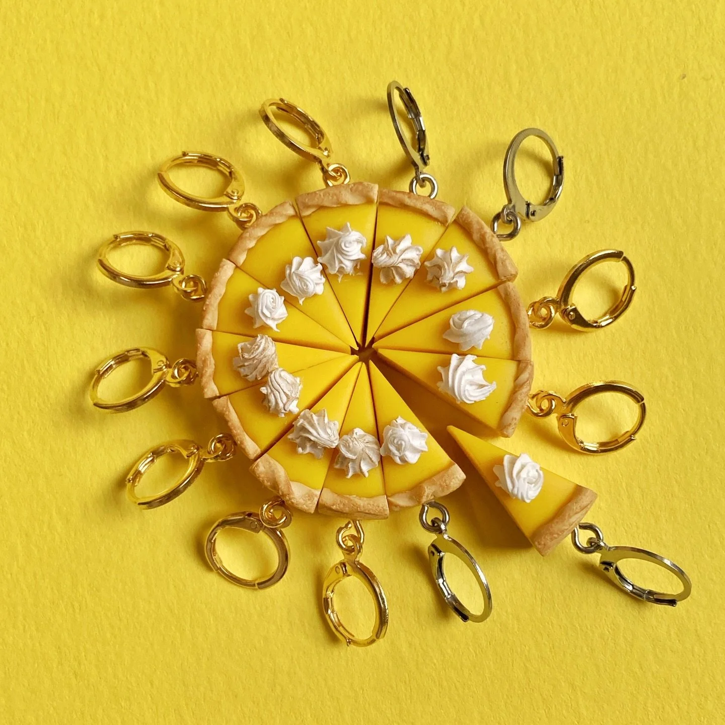 Am I the only one getting hungry looking at these?

Lemon meringue pie slice earrings, now available! Whatever your taste &mdash; gold or stainless, toasted or untoasted meringue. The poll was pretty close, but untoasted was the winner!

Find the lin