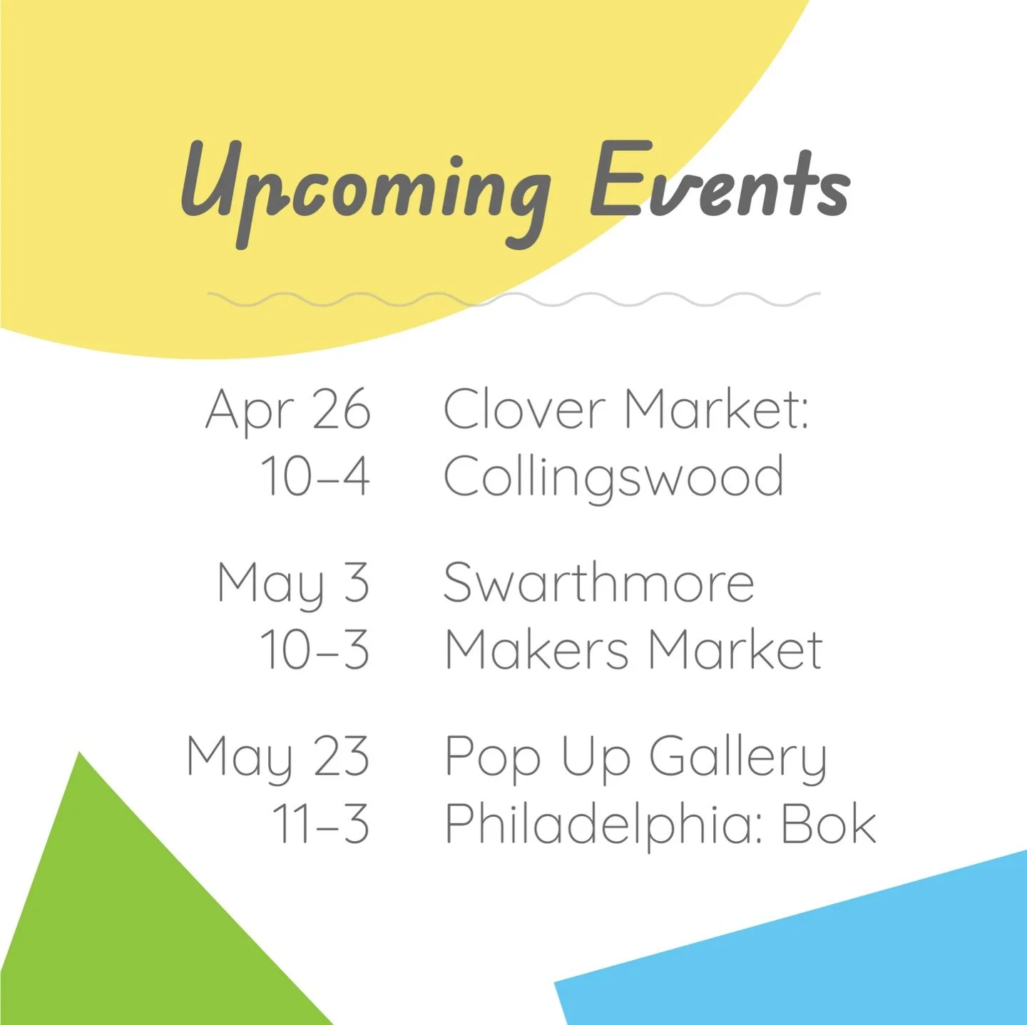 Tomorrow&rsquo;s Media Spring Arts Show was postponed due to rain and high winds, but I won&rsquo;t be able to make the rain date. 

Here&rsquo;s an updated events list &mdash; one more at the bottom. Let&rsquo;s hope Karma comes around for these 🫣